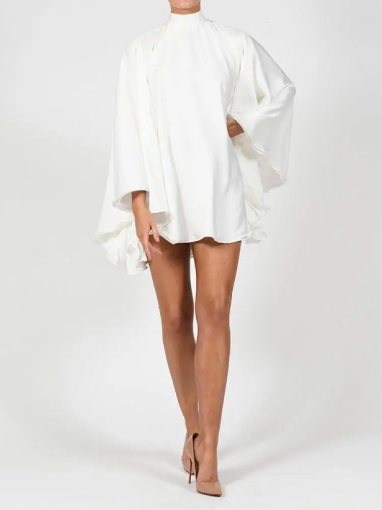 Modigirl Womens White Turtleneck Long Ruffled Sleeves Backless Dress Summer Autumn Elegant Party Mini Dress Woman 250103