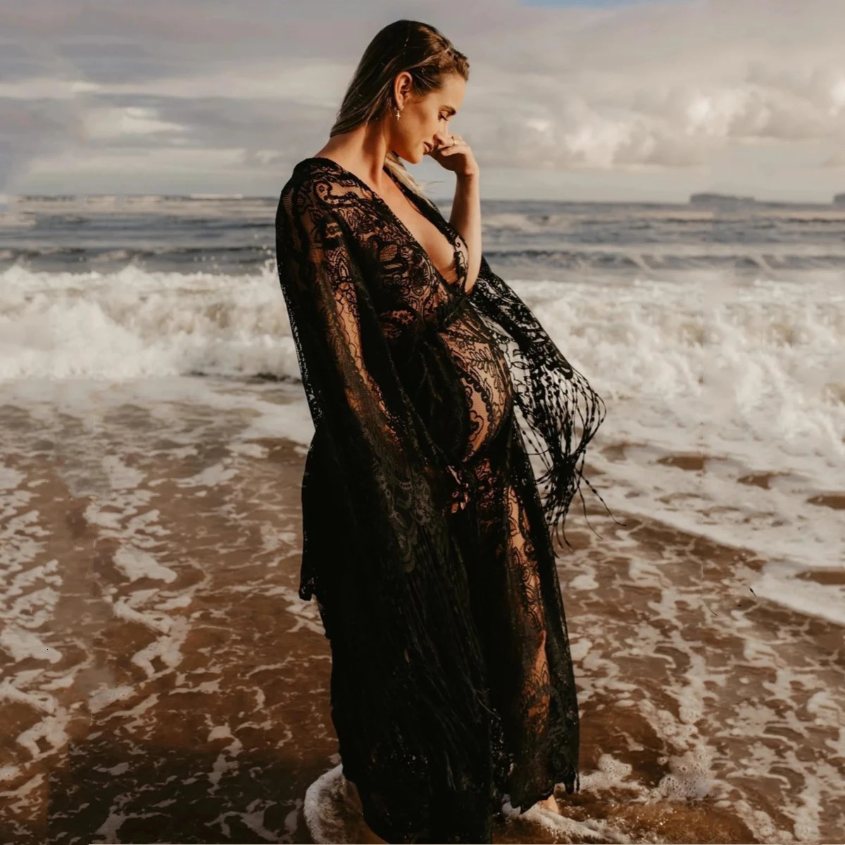 Boho Lace Maternity Pography Props Dresses Free Size Adjustable Pregnancy Po Shoot Bohemian Long Dress Sides Slit 250103