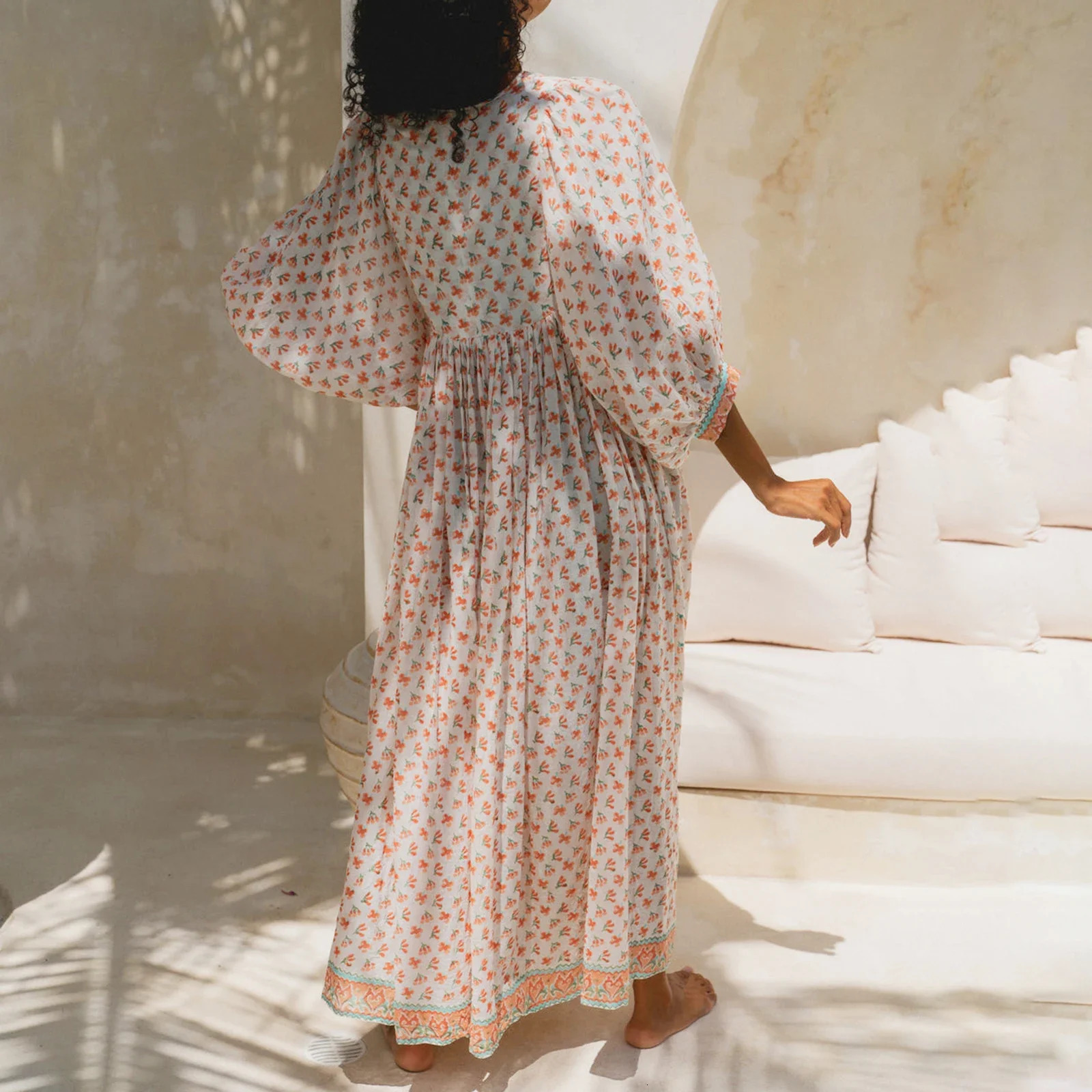 Womens floral Maxi dress Y2k Bohemian print 3/4 lantern sleeves V-neck dress Holiday beach loose swing sun dress Party club uniform 250103