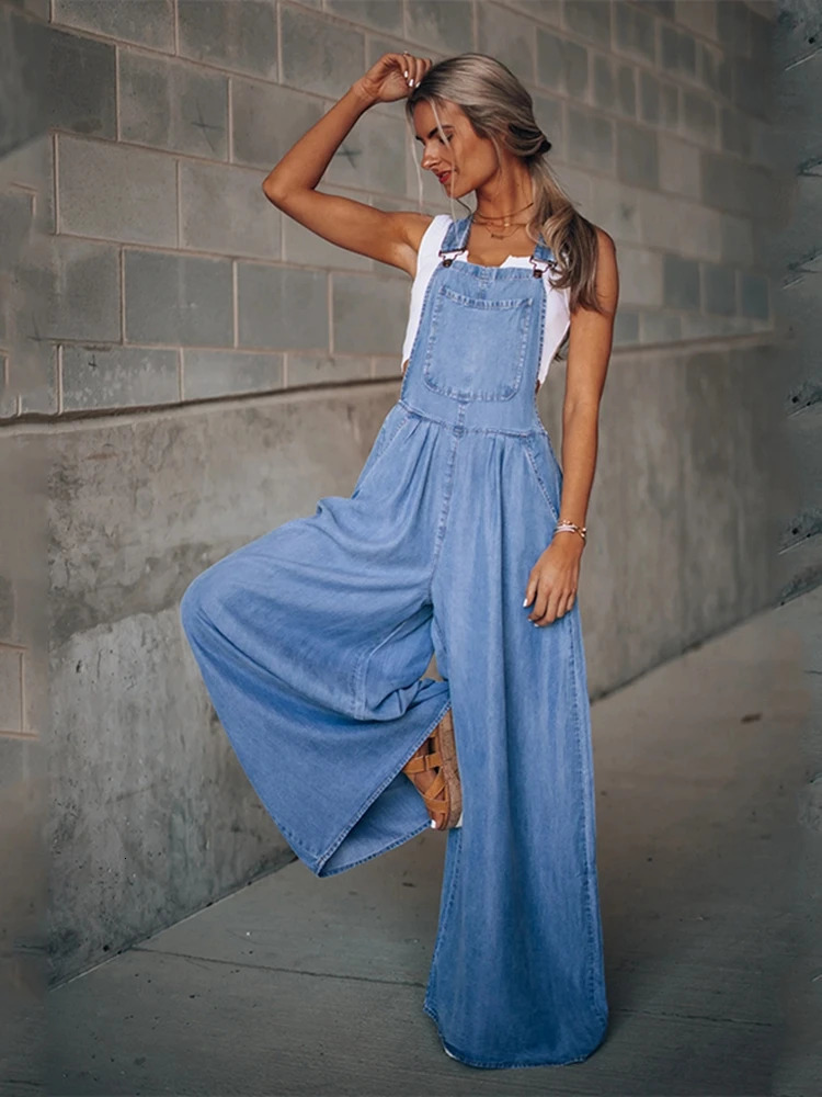 Summer Overalls For Women Blue Denim One-Piece Jumpsuits Loose Wide-Leg With Pocket High-Waist Jumpsuits 241230