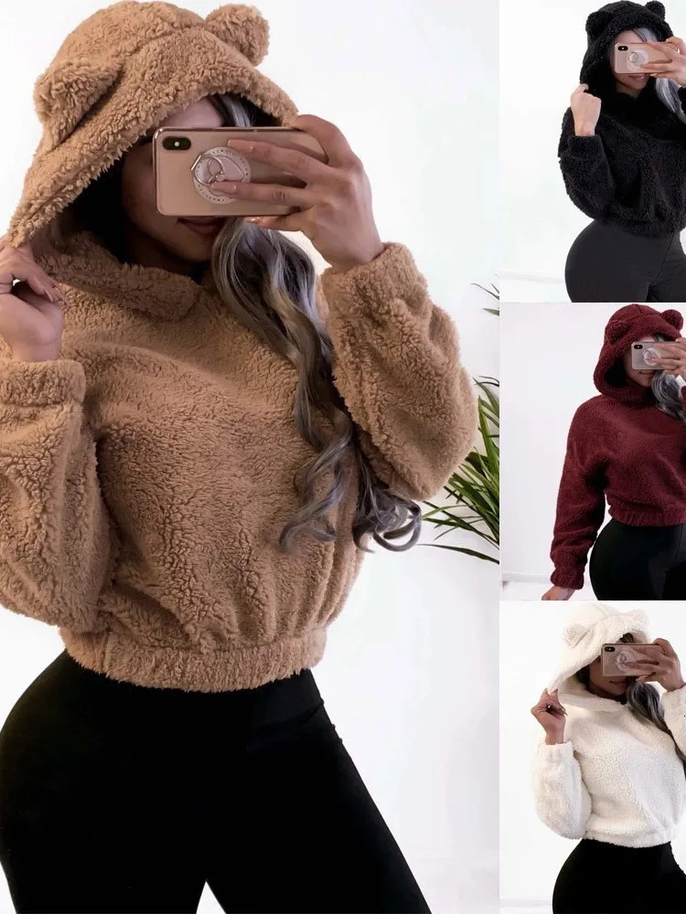 Autumn Winter Longsleeved Bear Ears Hat Solid Color Plush Sweatshirt Women Fashion Loose Short Casual Style Pullover Female 250103