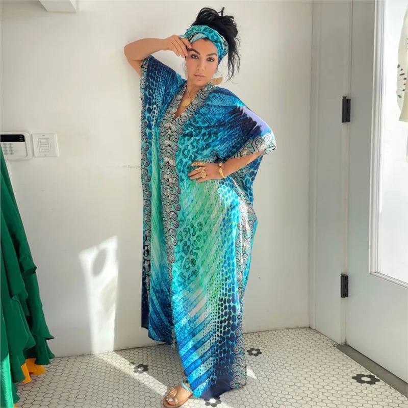 Summer Bikini Womens Long Attic Printed Swimsuit Cover Casual Beach Maxi Dress Abaya Beach Dress Bohemian Dress 250103