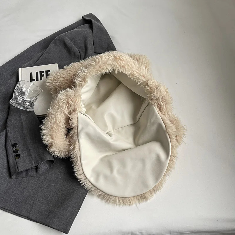 Women Plush Crossbody Bag Fluffy Winter Handbag Solid Color Messenger Tote Purse Work Shopping 241226