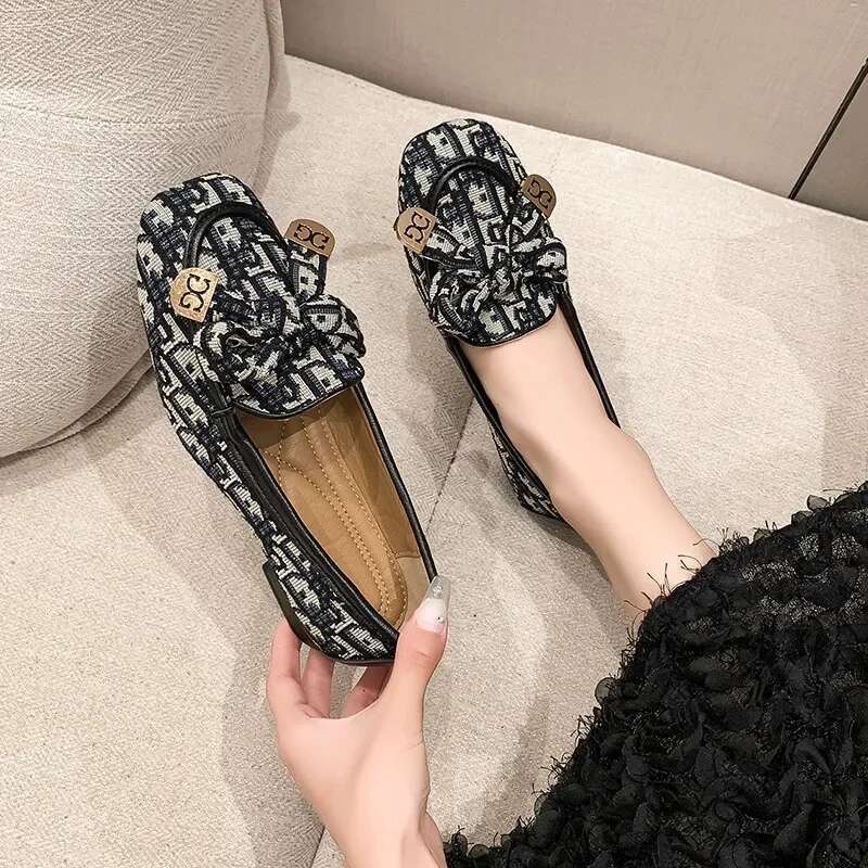 Women Bow Brand Loafers Print Random Square Heels Autumn New Fashion Ladies Casual Shoes Pumps atos Mujer