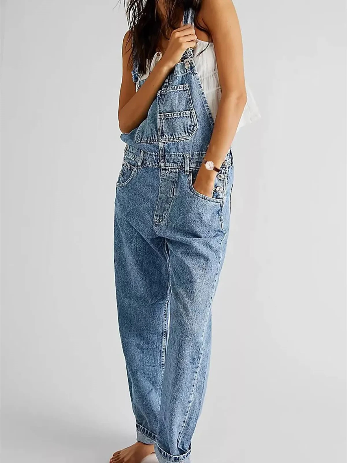 Fashion Denim Overalls for Women Loose Fit Classic Bib Casual Jean Stretchy Denim Overall Jumpsuit Tapered Leg Jean Pants 241230