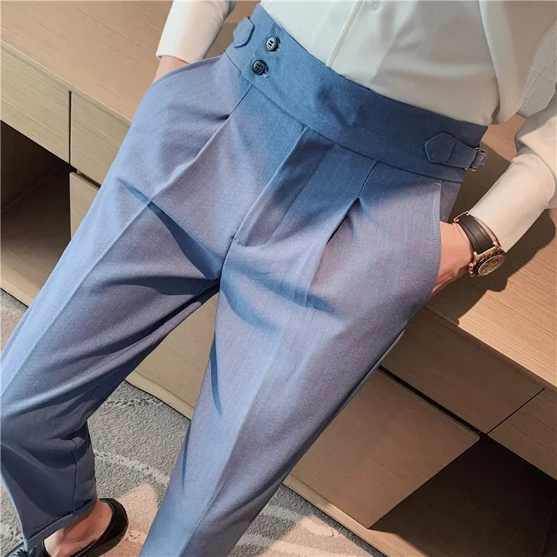 High Waist Men Dress Pants Trousers 2024 Autumn British Style Straight Slim Fit Suit Pants Solid Casual Fashion Men Clothing 250103