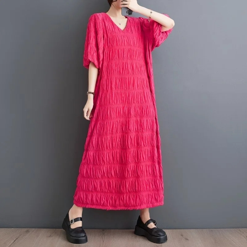 Wxw0207 summer pleated long skirt with puff sleeves loose ankle length office straight dress womens Vestdos V-neck retro womens dress 250103