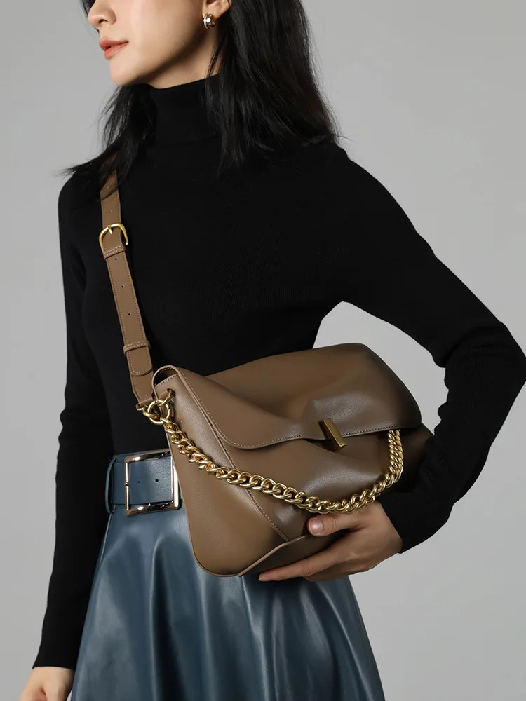 Large Cow Flap Shoulder Chain Bag 2024 Solid Genuine Leather Female Crossbody Handbag Messenger Bags