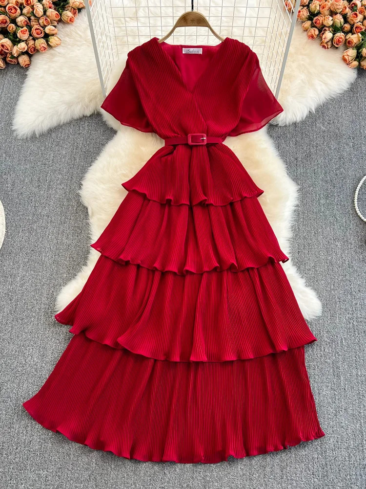 XFPV Women Vacation Pleated Belt Loose Dress Vestidos RobeV- Neck Short Sleeve Arrivals Fashion Temperament Summer 2025 SM3507 250103
