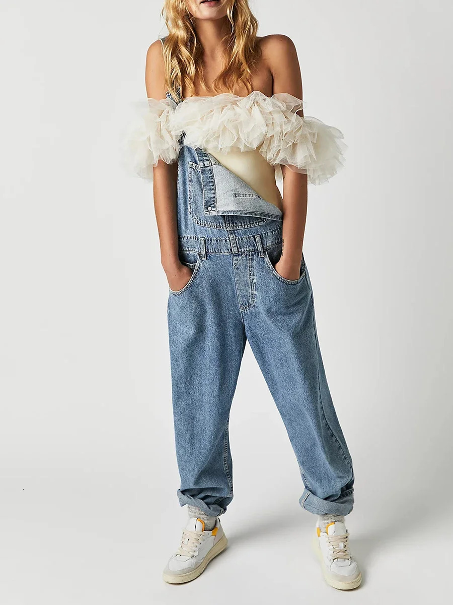 Women Casual Wide Leg Denim Jumpsuit Adjustable Strap Suspender Overalls 1 Piece Baggy Jean Outfits with Pocket 241230