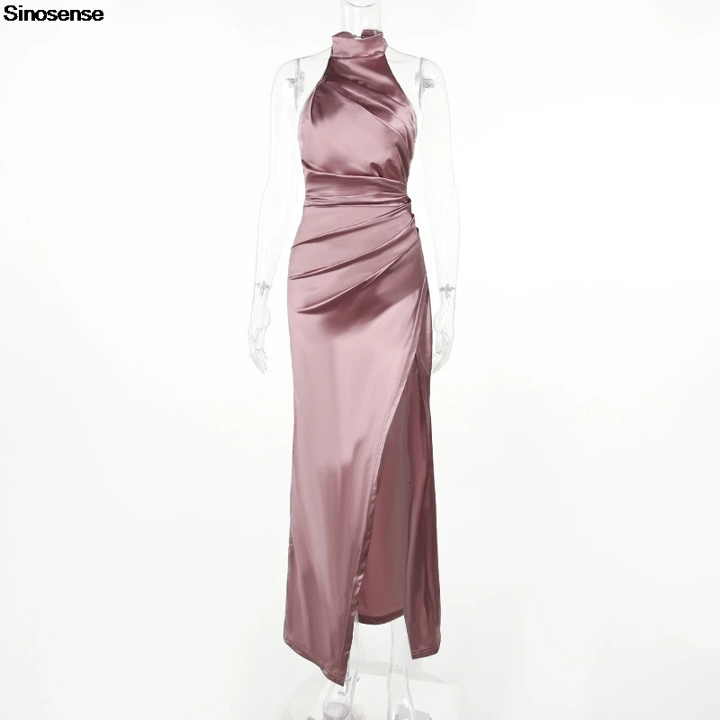 Women Elegant Long Evening Cocktail Party Dress Sexy Halter Backless Ruched High Split Bodycon Wedding Guest Bridesmaid 250103