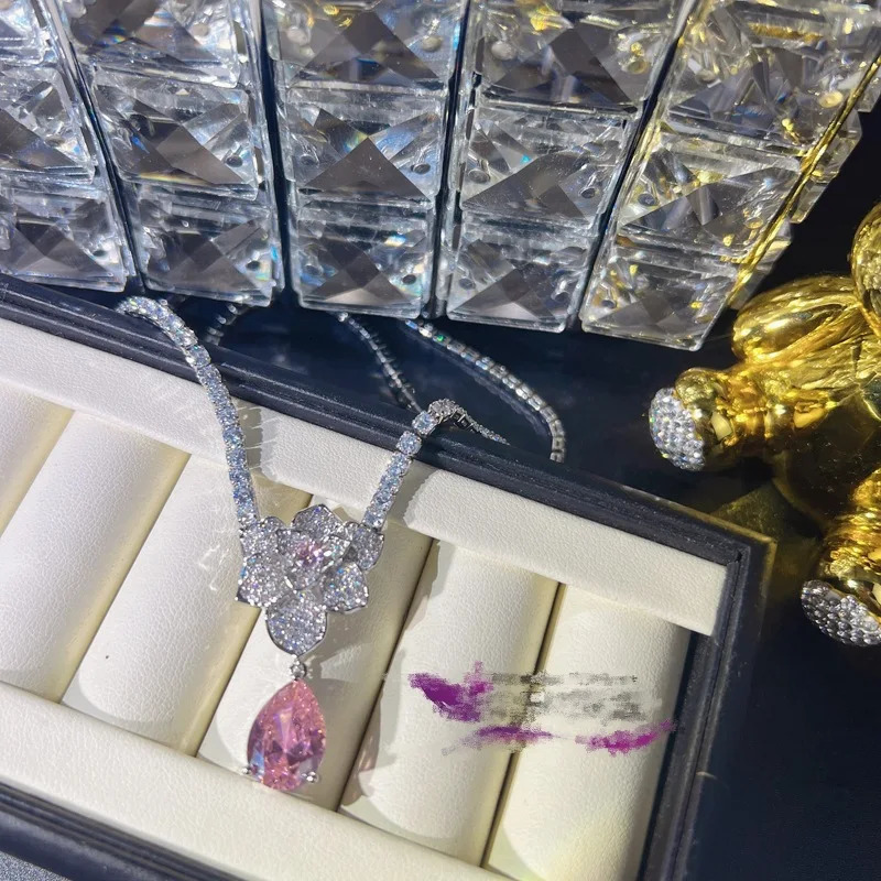 Temperament 925 Silver Color Water Drop Earrings Necklace for Women Exquisite Pink Zircon Flower Wedding Banquet Jewelry Sets 250102