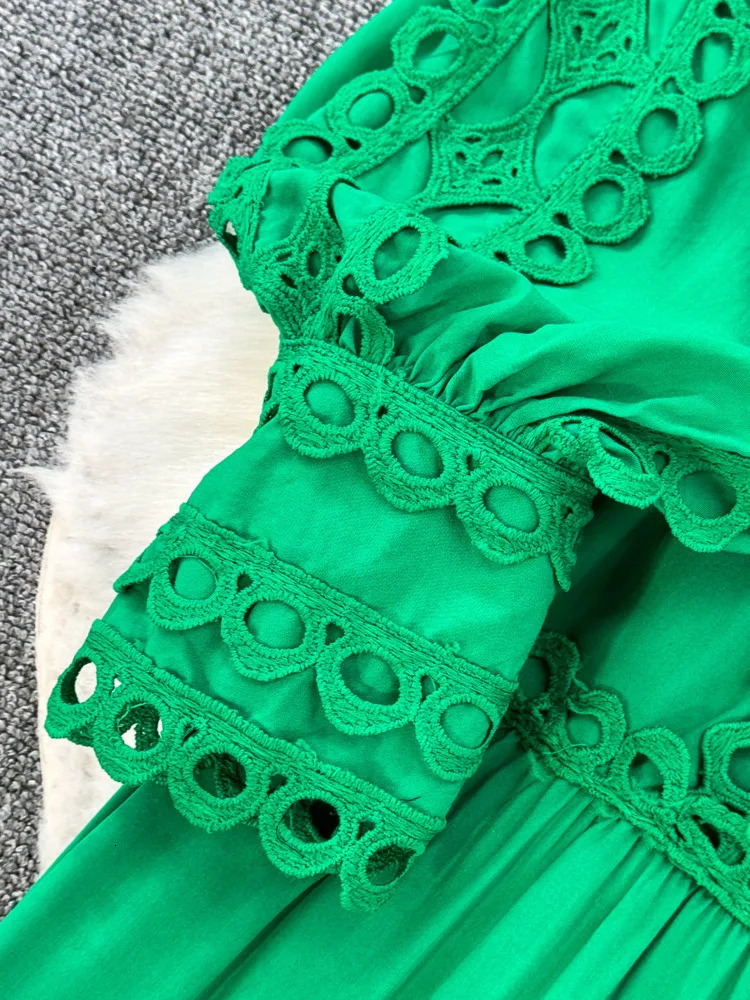 XFPV Fashion A-line Long Dress Vestidos Women Hollow Out Lantern Sleeve O-neck Solid Color 2025 Summer Clothing SM11285 250103