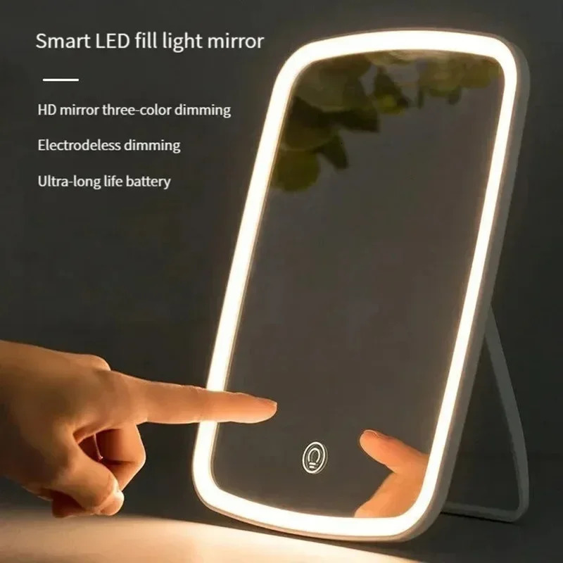 LED Makeup Mirror with Stand Desktop Folding Compact White Square Travel Cosmetic Mirror With Three Colours Light Can Choose 250103
