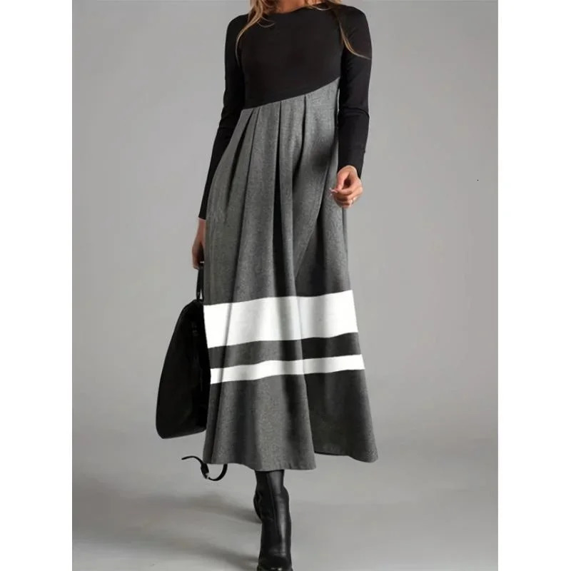 Classic Striped Colorblocking Dress Women Long Sleeve O Neck Black White Gray maxi Dresses Lady Autumn Winter A line Dress Robe 250103