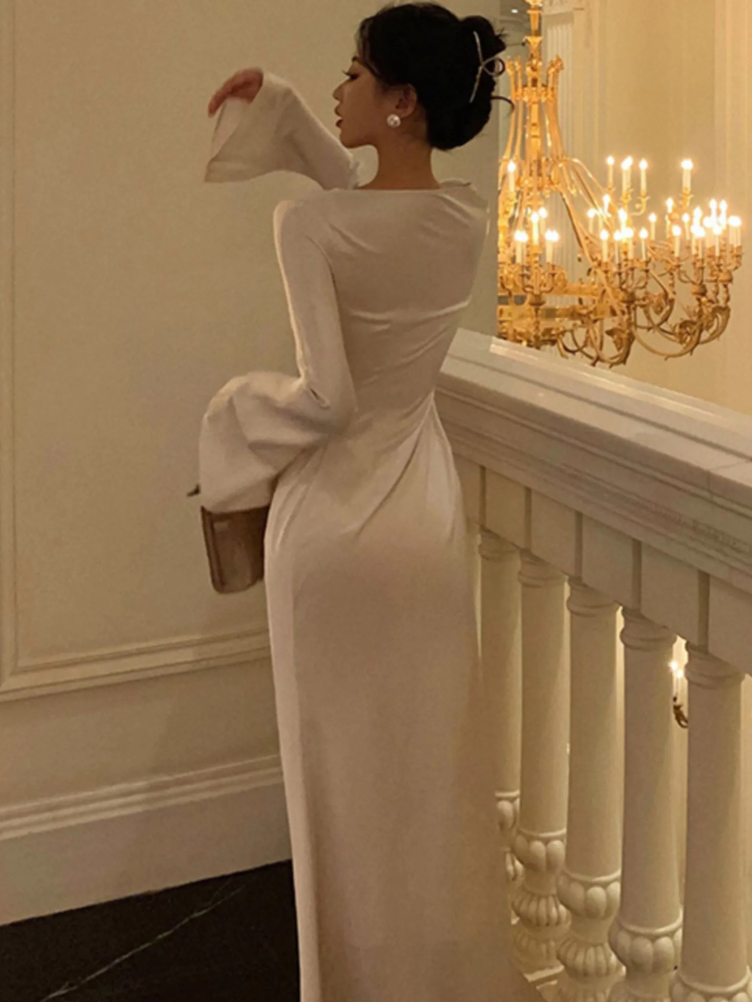 Elegant Flare Sleeve Wedding Mermaid Long Dress Women Spring Autumn French Vintage Slim One Piece Party Robe Mujers Clothes 250103