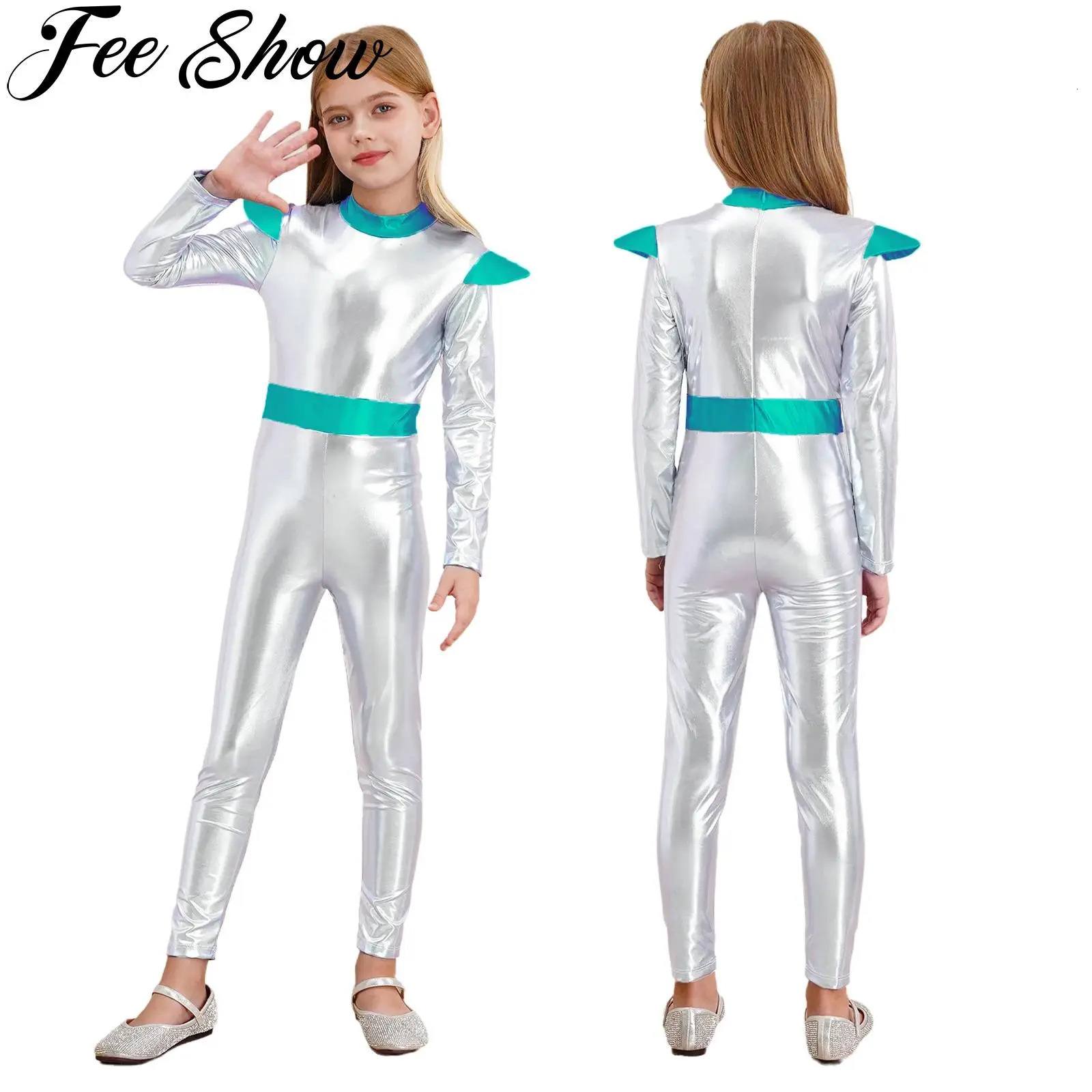 Kids Girls Halloween Alien Robot Cosplay Costume Space Astronaut Themed Fancy Party Dress Up Long Sleeve Shiny Metallic Jumpsuit 241230z