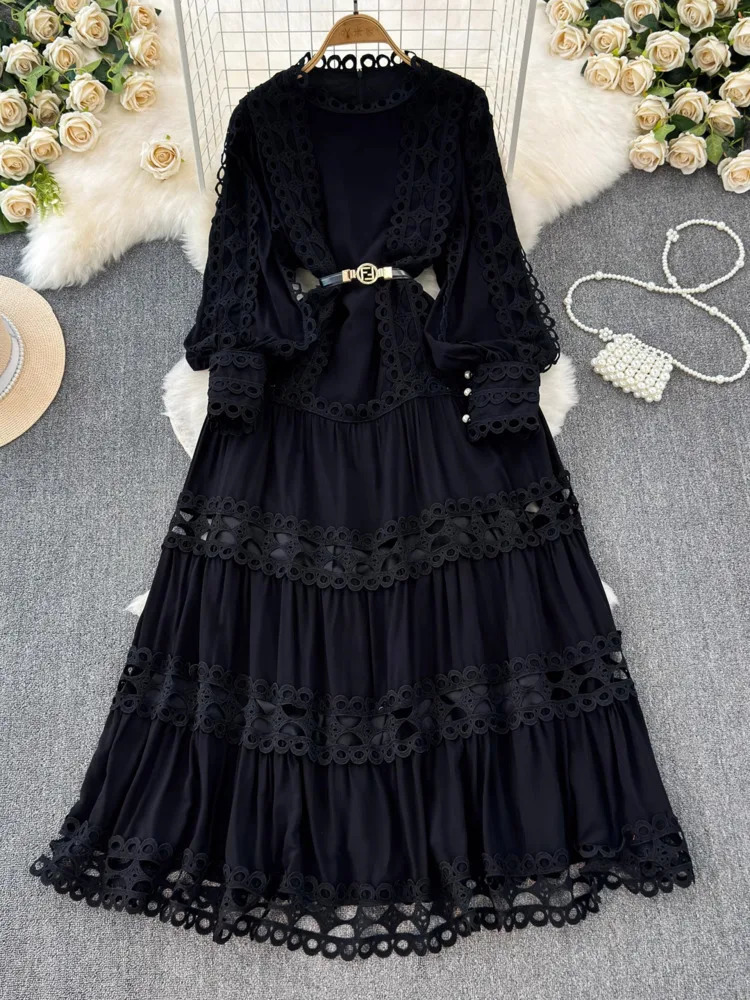 XFPV Fashion A-line Long Dress Vestidos Women Hollow Out Lantern Sleeve O-neck Solid Color 2025 Summer Clothing SM11285 250103