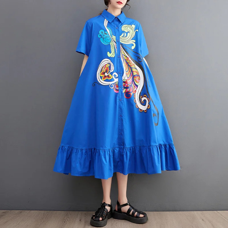 Wxw0214 Summer Black and Blue Flower Printed Long Dress Womens Pocket Loose A-line Dress Short Sleeve Retro Midi Dress Ruffle 250103