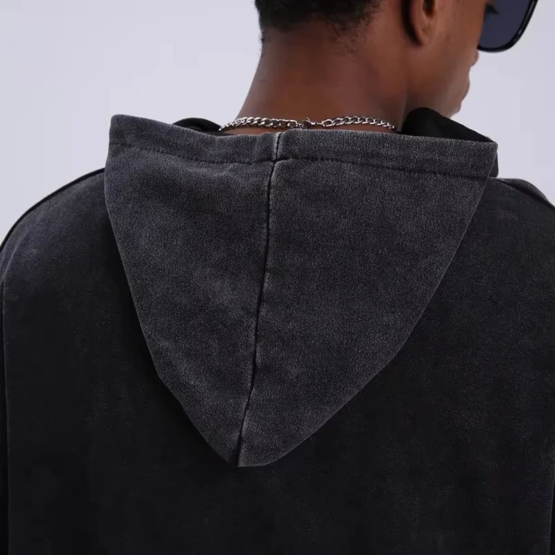 Vintage Black Acid Wash Cotton Hoodies for Men Women Spring Autumn Hooded Sweatshirts Casual Baggy Loose Fit Pullover Tops 250102