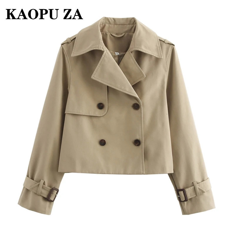 KAOPU ZA 2024 Autumn Ladies Vintage Double Breasted Cropped Trench Coat Womens Solid Short Jacket Lapel Collar Windbreaker 250102