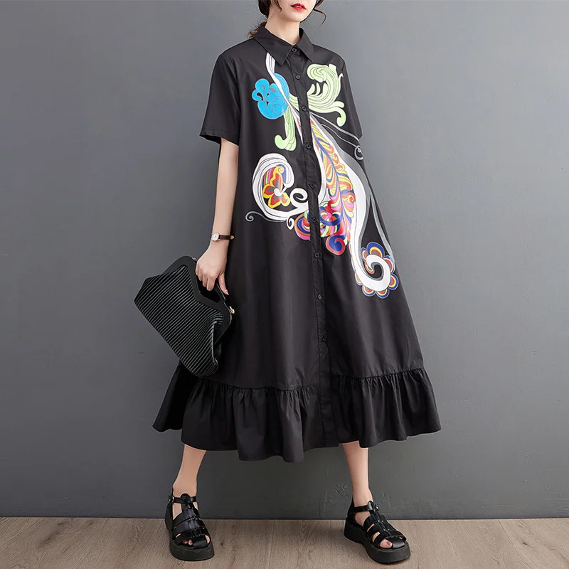 Wxw0214 Summer Black and Blue Flower Printed Long Dress Womens Pocket Loose A-line Dress Short Sleeve Retro Midi Dress Ruffle 250103