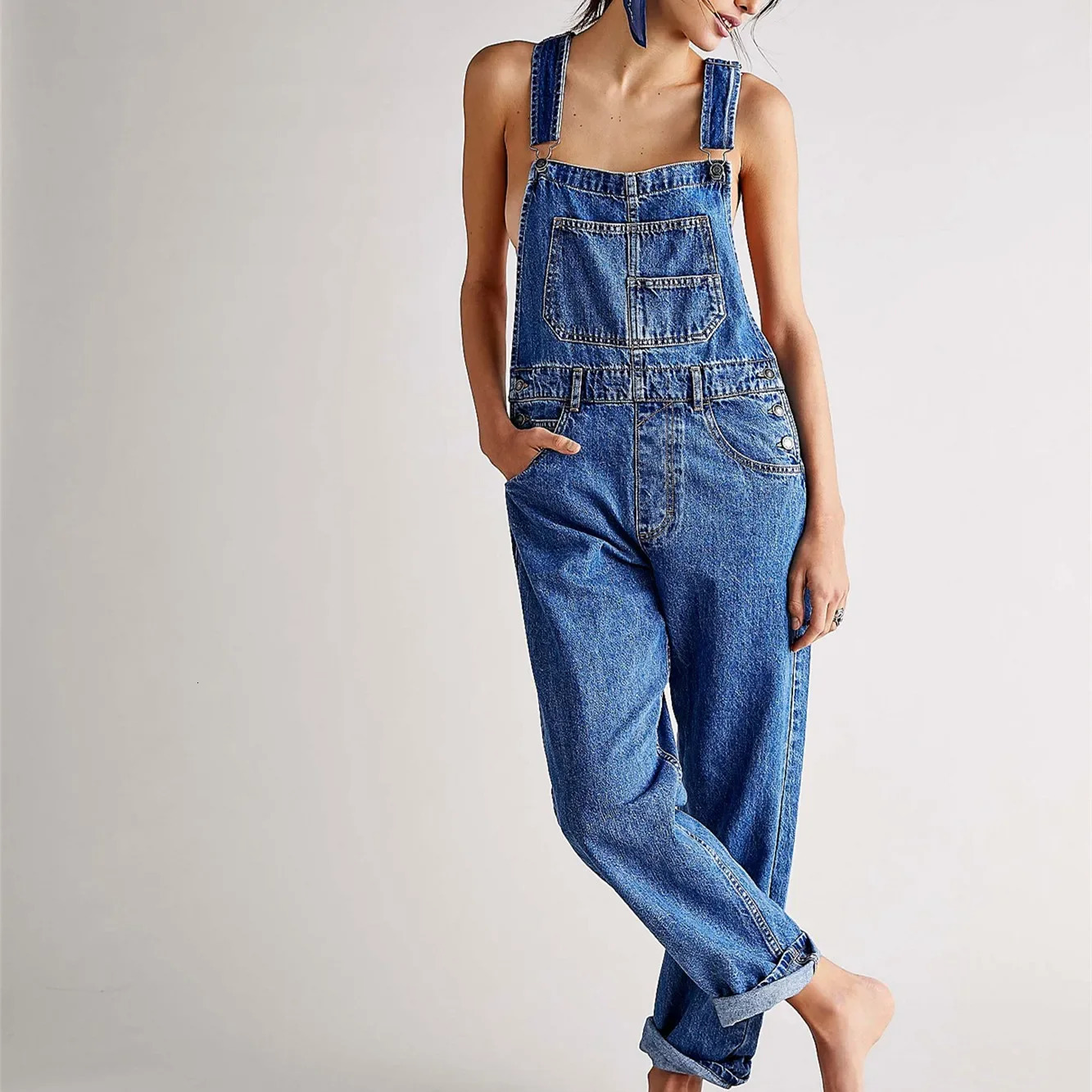Fashion Denim Overalls for Women Loose Fit Classic Bib Casual Jean Stretchy Denim Overall Jumpsuit Tapered Leg Jean Pants 241230
