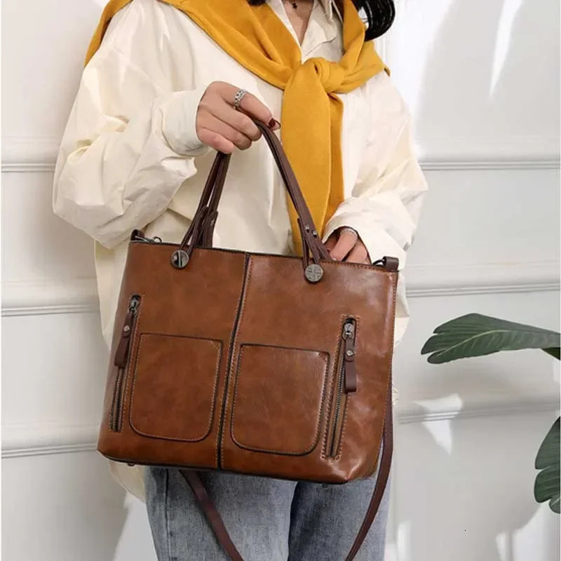 Large Capacity Shoulder Bag Vintage PU Leather Multi-Pocket Tote Bag Adjustable Shoulder Strap Crossbody Bag Women handbags 241231