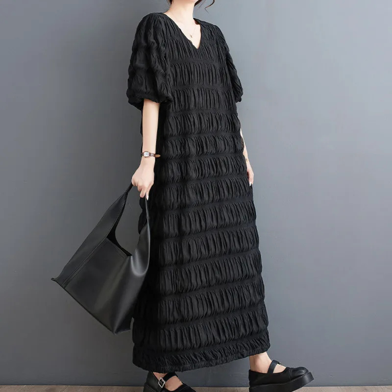 Wxw0207 summer pleated long skirt with puff sleeves loose ankle length office straight dress womens Vestdos V-neck retro womens dress 250103