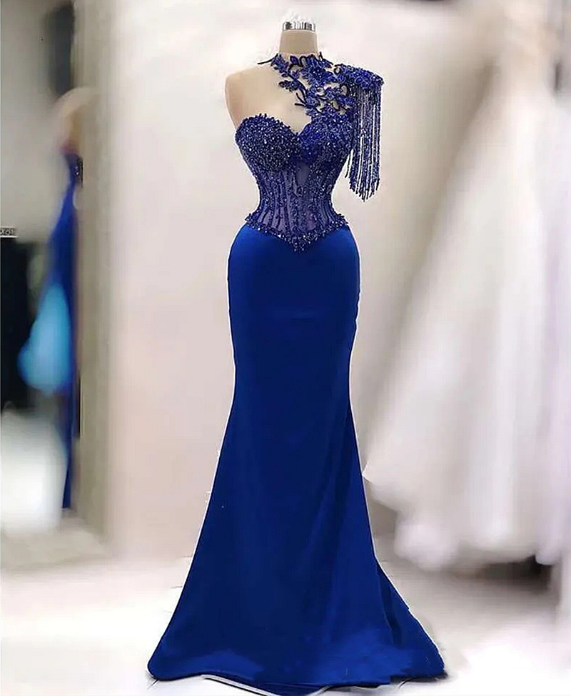 Beaded One Shoulder Prom Dresses Sweetheart Royal Blue Satin Mermaid Long Evening Gowns 2025 Charming Illusion Bride Reception Party Formal Dress
