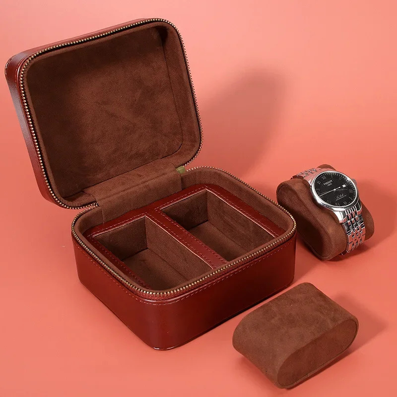 PU portable flip Buckskin velvet zipper watch box 2 slots large watch pillow jewelry display gift storage box customization 250102
