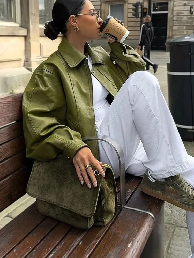 Chic Long Sleeve Single Breasted Pocket Loose Coat Women Retro Green Lapel Leather Jacket 2024 Fall Winter Lady High Streetwear 250103