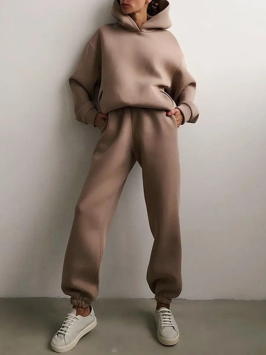 Womens Tracksuit Suit Winter Fashion Warm Hoodie Sweatshirts Two Pieces Oversized Solid Casual Hoody Pullovers Long Pant Sets 250103