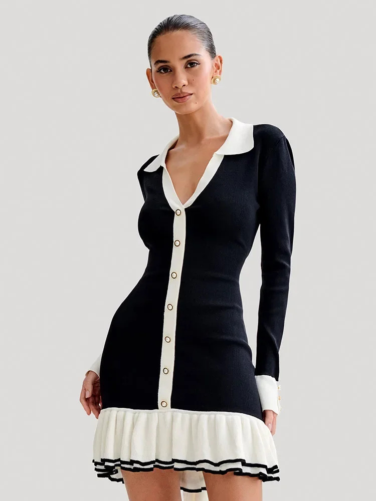Tossy Ruffled Bow Knit Mini Dress Womens Summer Backless Contrast Cardigan Lace-Up Elegant Dress Female Knitwear Bandage Dress 250102