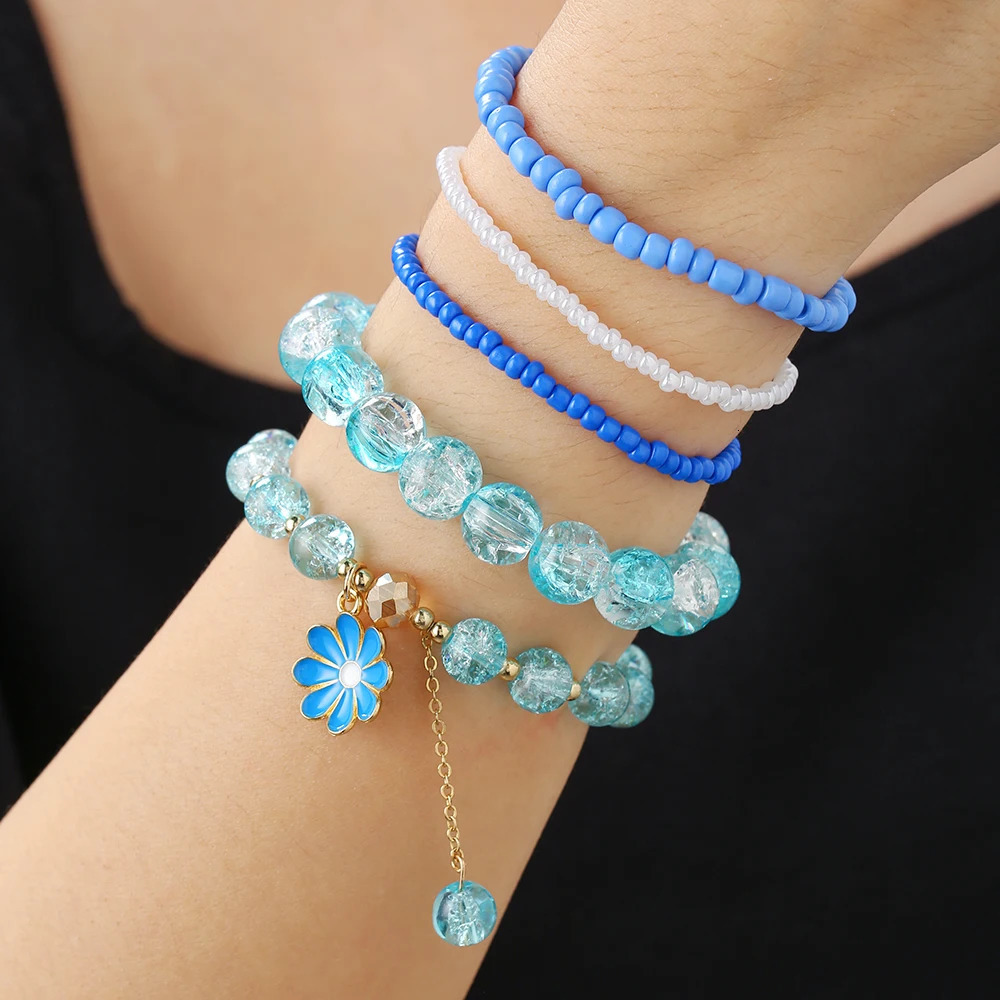 5Pc/s Simple and Sweet Girly Feeling Boudoir Hand Decorated Rice Beads Crystal Small Daisy Fringe Elastic Bracelet Jewelry Set 250102