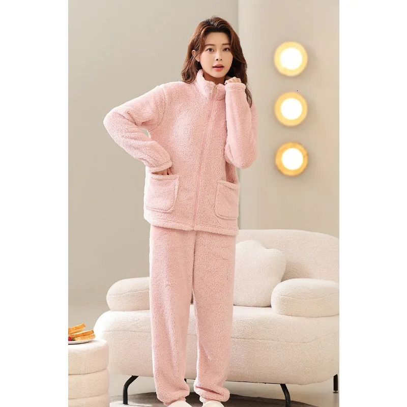 Casual Womens Autumn and Winter Doublesided Coral Fleece Pajamas Zipper Cardigan with Thick Flannel Home Suit Set 250103