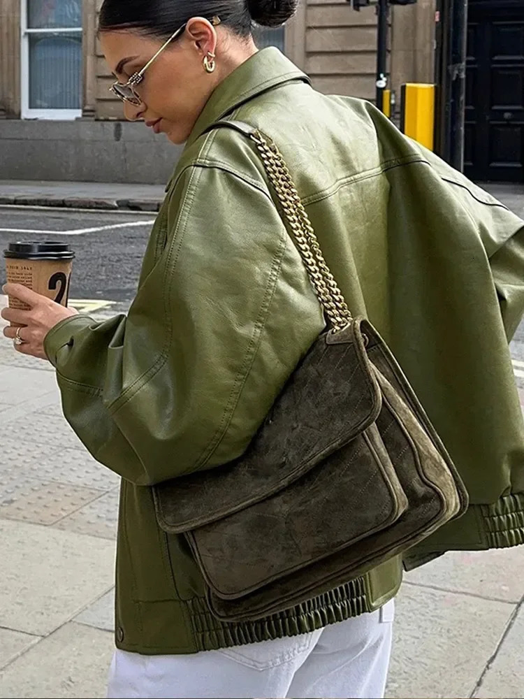 Chic Long Sleeve Single Breasted Pocket Loose Coat Women Retro Green Lapel Leather Jacket 2024 Fall Winter Lady High Streetwear 250103