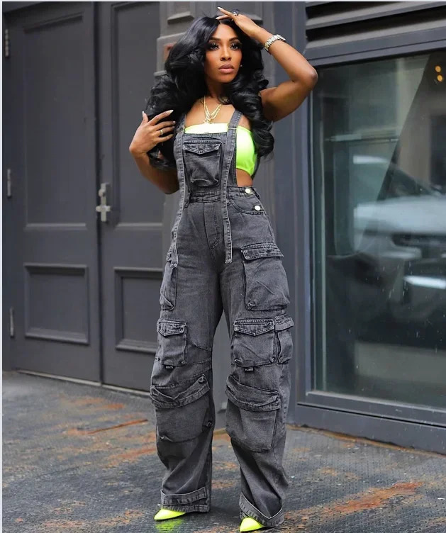 Fashion Denim Jumpsuits for Women Summer Y2K Clothing Solid Big Pockets Jean Rompers Playsuits One Pieces Overalls Outfits 241230