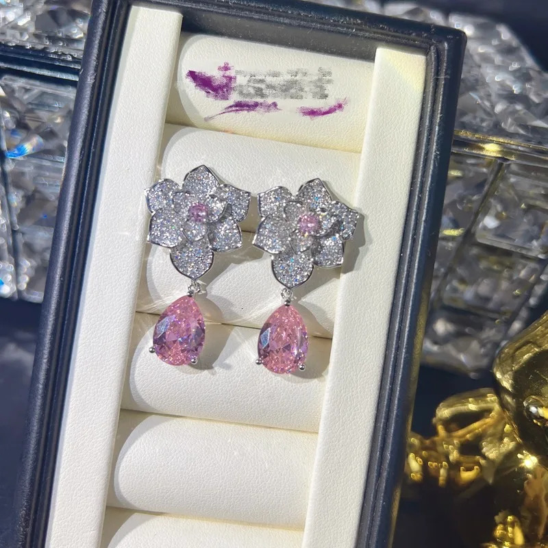 Temperament 925 Silver Color Water Drop Earrings Necklace for Women Exquisite Pink Zircon Flower Wedding Banquet Jewelry Sets 250102
