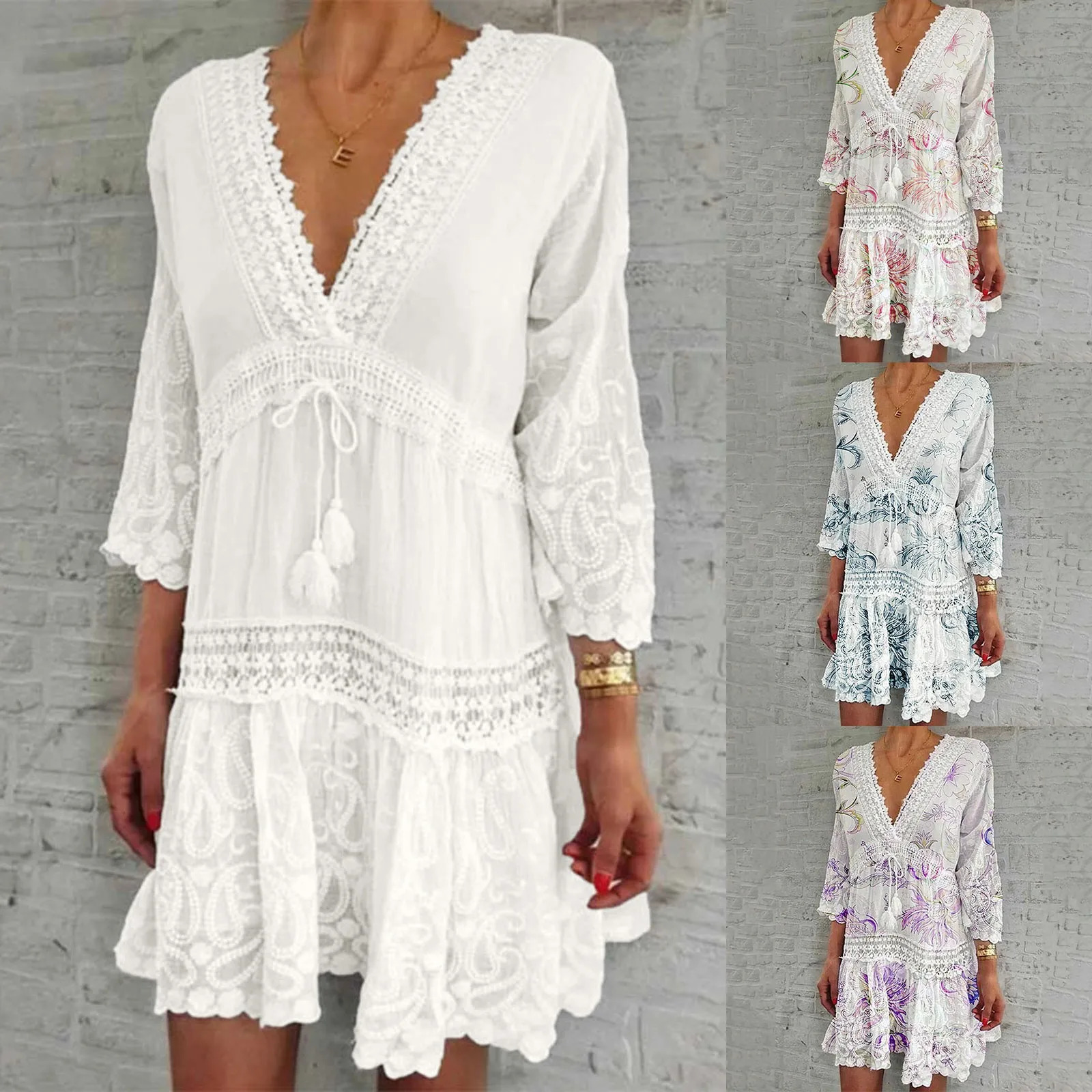 Womens Summer Retro Bohemian V-neck Jacquard Beach Dress Fashionable and Sexy Hollow Tie Bikini Flip Dress 250103