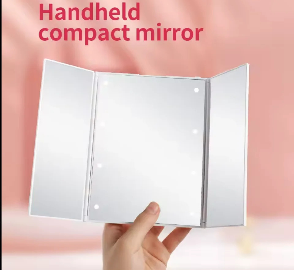 Portable LED Three Sided Makeup Mirror with Folding n Travel Handheld Compact Vanity Cosmetic Mirror with Adjustable Stand 250103