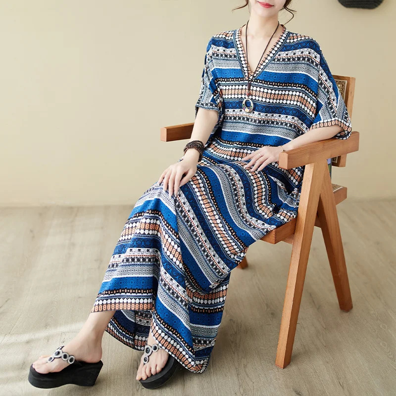 Wxw0212 striped printed long skirt womens short sleeved summer retro floor long skirt pocket loose thin beach vest retro sexy 250103