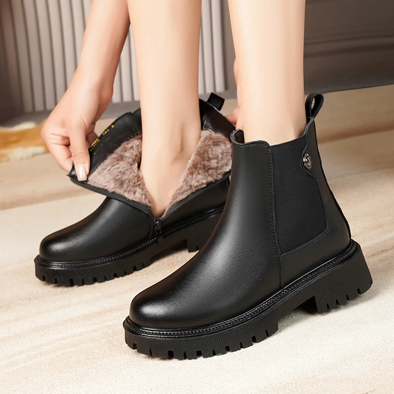 Women Chelsea Boots Genuine Leather Winter Shoes Boots Women Casual Platform Large Size Natural Wool Female Rider Boots