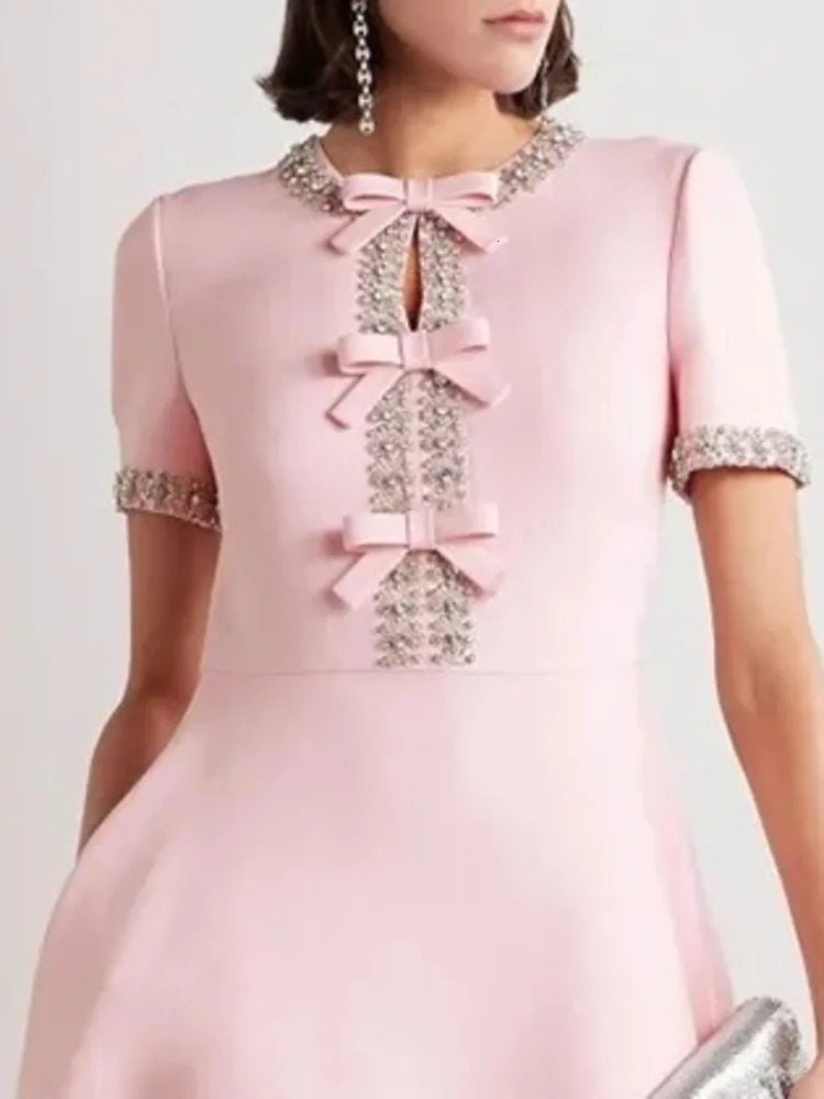 DEAT Elegant Dress O-neck Diamond Edge Bow A-line Short sleeved Womens Evening Dress 2025 Spring Style 35Z1457 250103