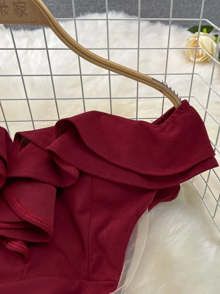 XFPV Women High Waiste Ruffles Temperament A-line Dresses Strapless Slash Neck Solid Color Vestidos Spring Summer 2025 SM9724 250103