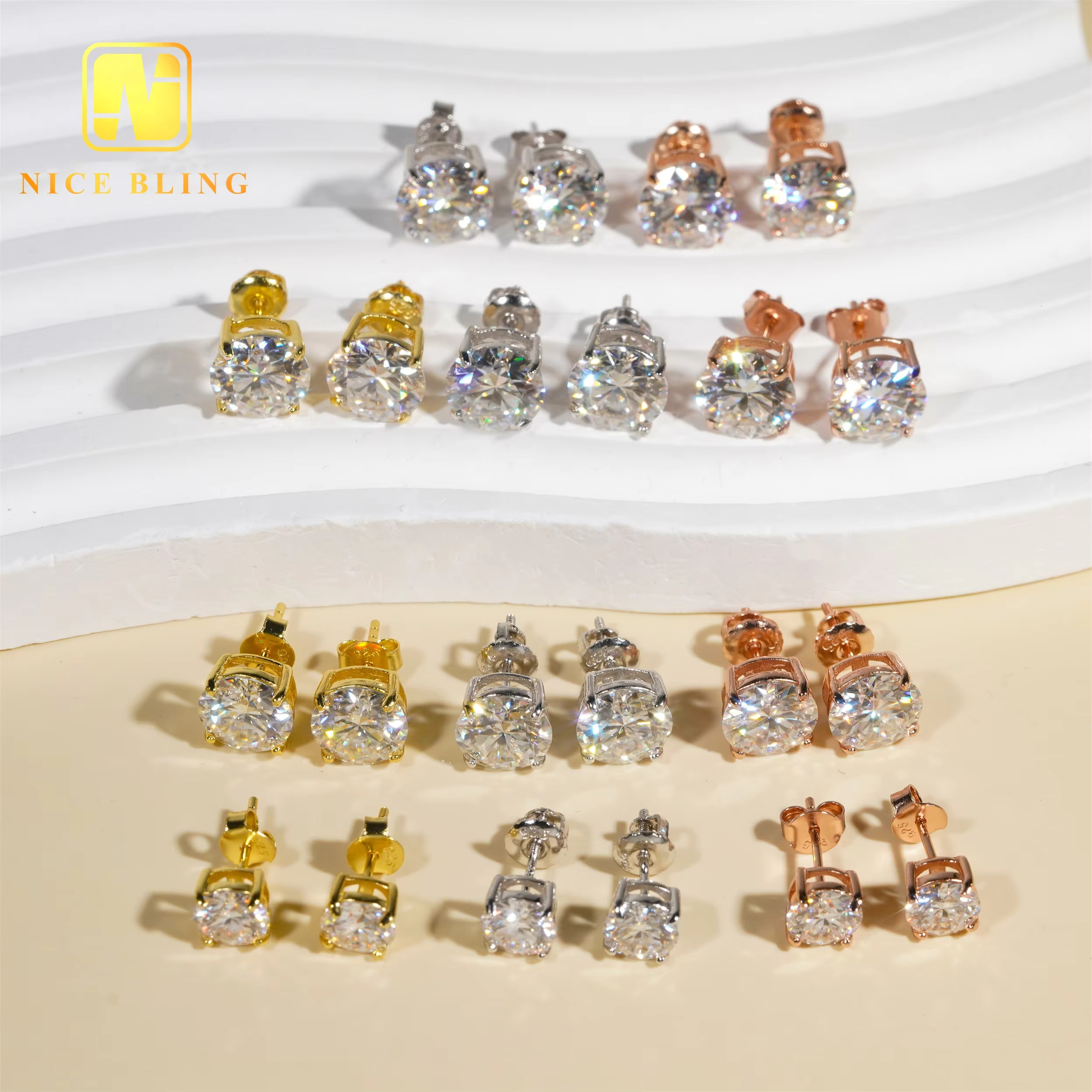 Pass Tester Hip Hop Ear Sier Solitaire Earrings 3mm to 10mm 4 Claws Moissanite Dia Studs For Men Women