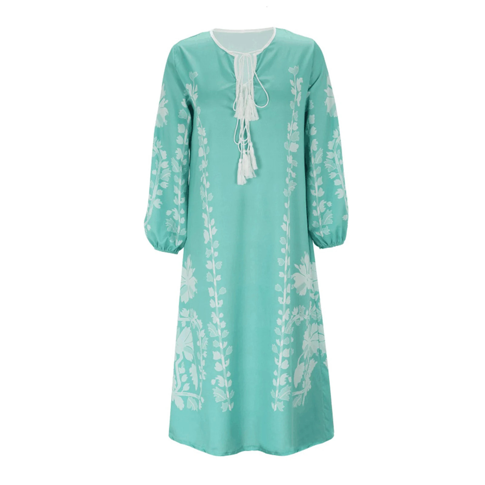 Vestido Spring/Summer Womens Bohemian Dress Fashionable Elegant and Sexy V-neck Retro Digital Printed Tassel Puff Sleeve Medium length Dress 250103