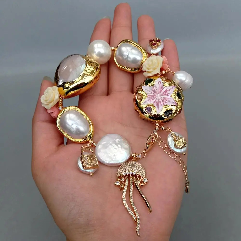 YYGEM Shell Pearl Flower Culture White Pearl Charm Bracelet Handmade Fashion Jewelry 250102