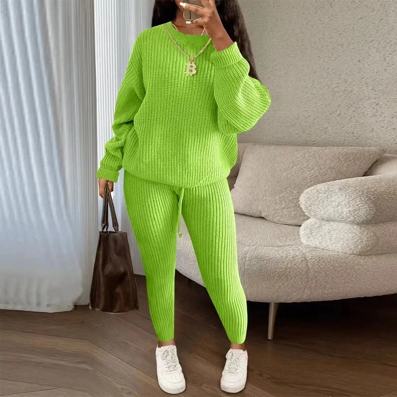 Winter two-piece womens clothing autumn fashion casual solid round neck zipper loose pit knitted sweater set 241230