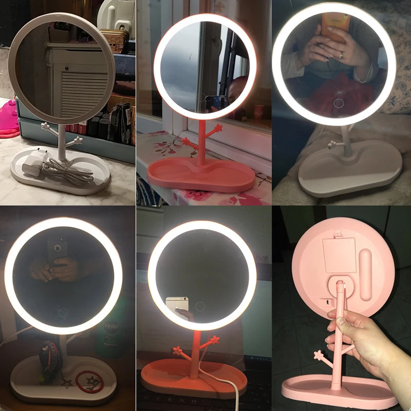 LED Makeup Mirror With Light Ladies Storage Makeup Lamp Desktop Vanity Mirror Round Shape Cosmetic Mirrors Women Christmas Gifts 250103